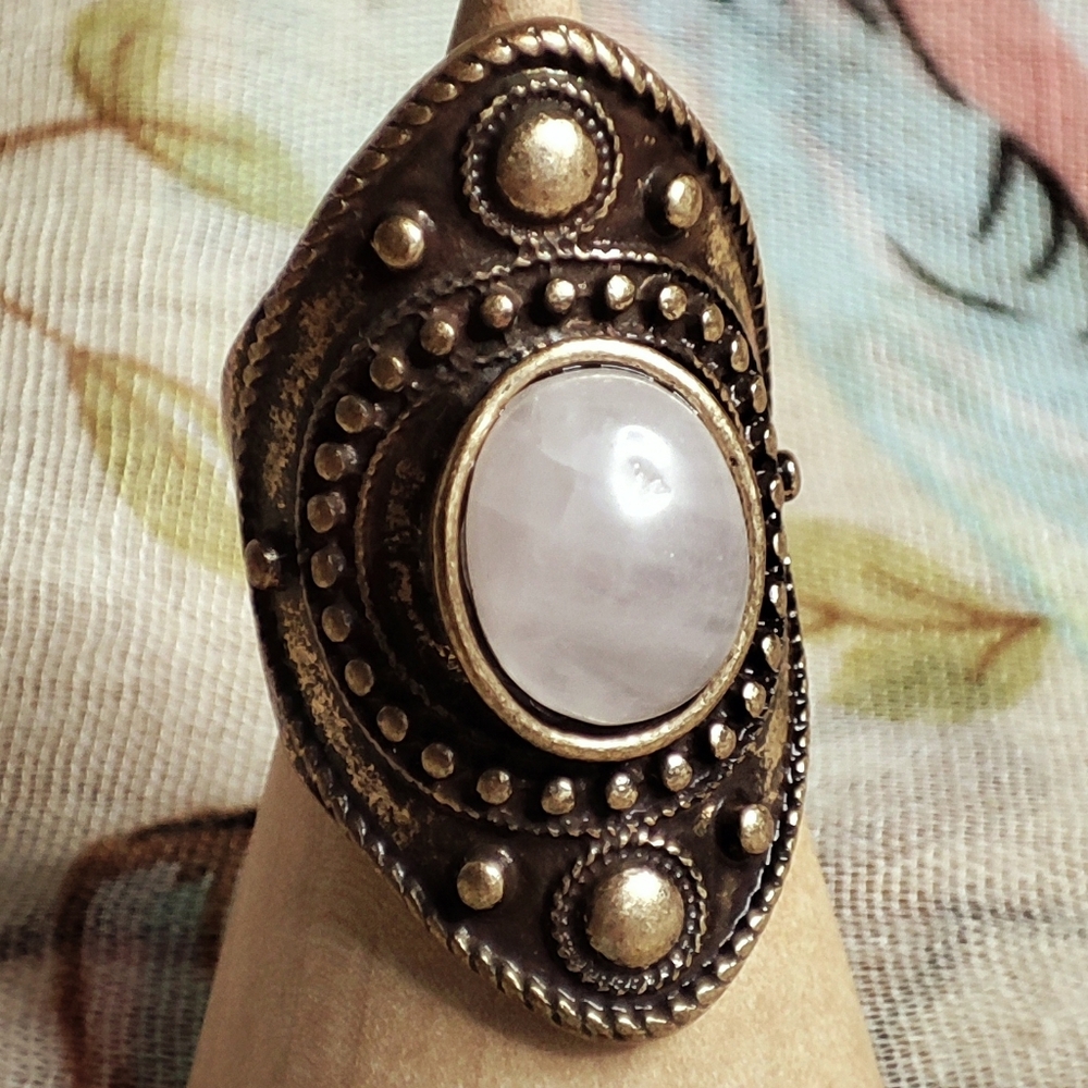 Oxidized Brass Rose Quartz Oval Cab Stone Bohemian Boho Size 7 1/2 Vintage Ring